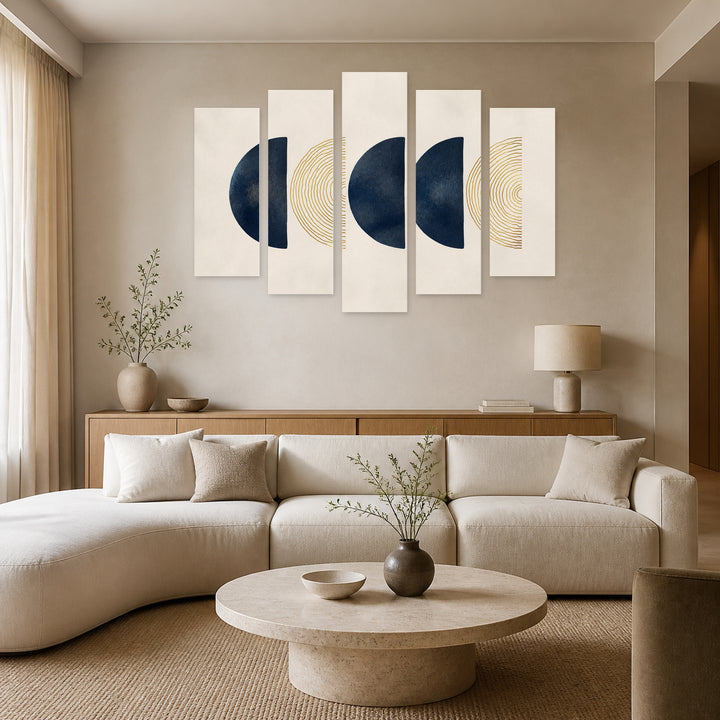 Abstract Composition of Crescents in Blue and Gold — five-panel wall art in alternate frontal interior | 5wallart 54502 M4