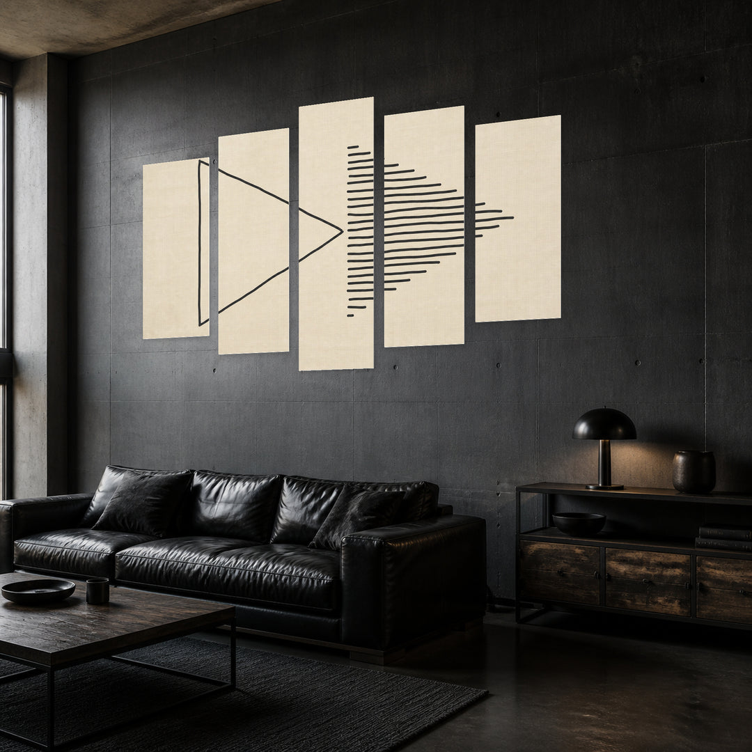 Abstract Creative Composition with Geometric Rhythm — five-panel wall art in perspective interior | 5wallart 54504 M2