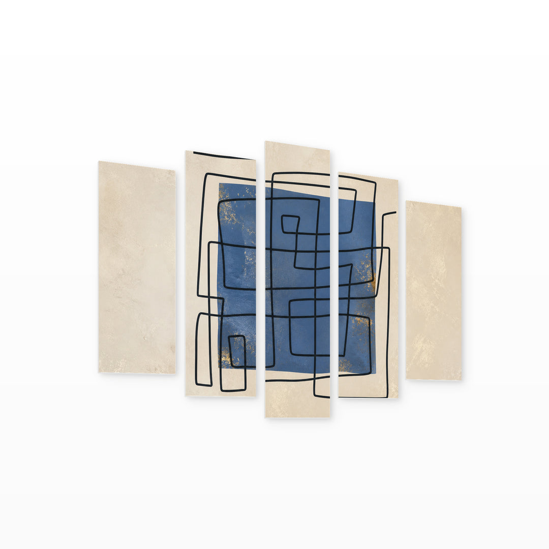 Artistic Illustration in Blue and Gold — five-panel wall art on white background in perspective | 5wallart 54505 M1