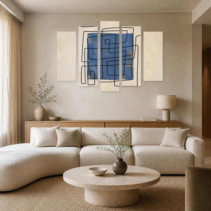 Artistic Illustration in Blue and Gold — five-panel wall art in frontal interior | 5wallart 54505 M3