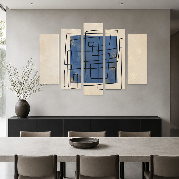 Artistic Illustration in Blue and Gold — five-panel wall art in alternate frontal interior | 5wallart 54505 M4