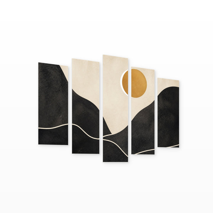 Golden Abstract Collage of Mountain and Sunset — five-panel wall art on white background in perspective | 5wallart 54506 M1