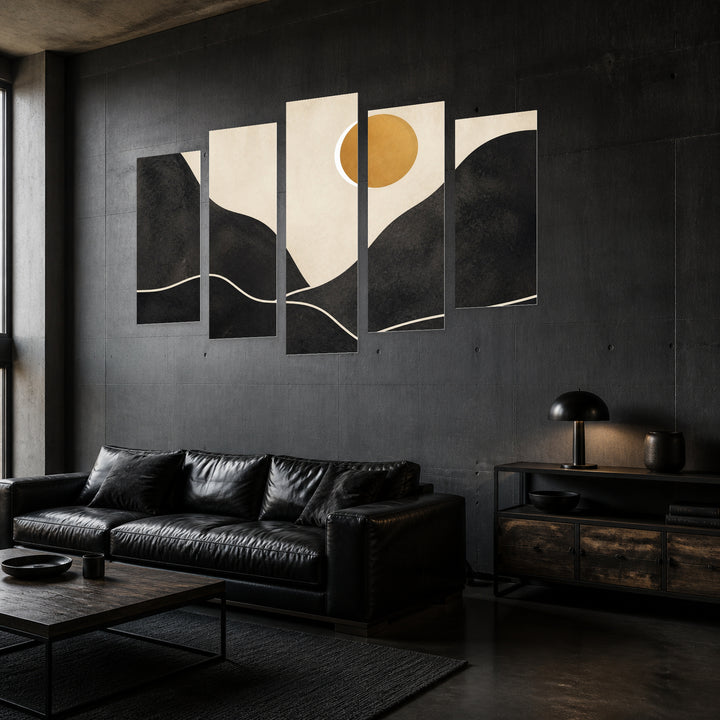 Golden Abstract Collage of Mountain and Sunset — five-panel wall art in perspective interior | 5wallart 54506 M2