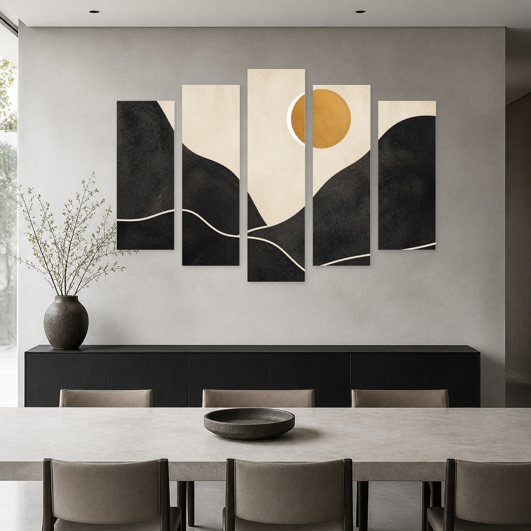 Golden Abstract Collage of Mountain and Sunset — five-panel wall art in frontal interior | 5wallart 54506 M3