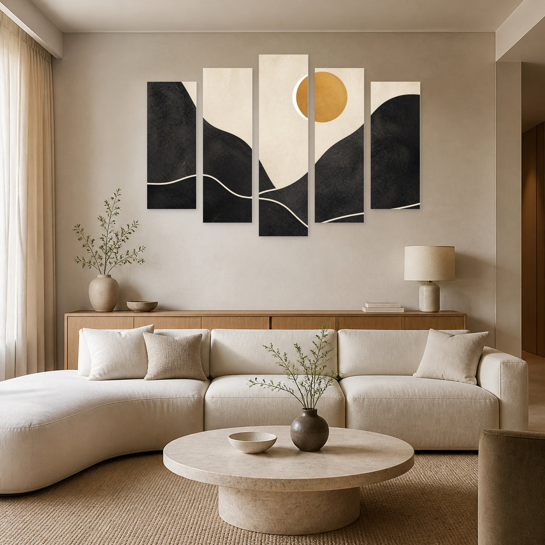 Golden Abstract Collage of Mountain and Sunset — five-panel wall art in alternate frontal interior | 5wallart 54506 M4