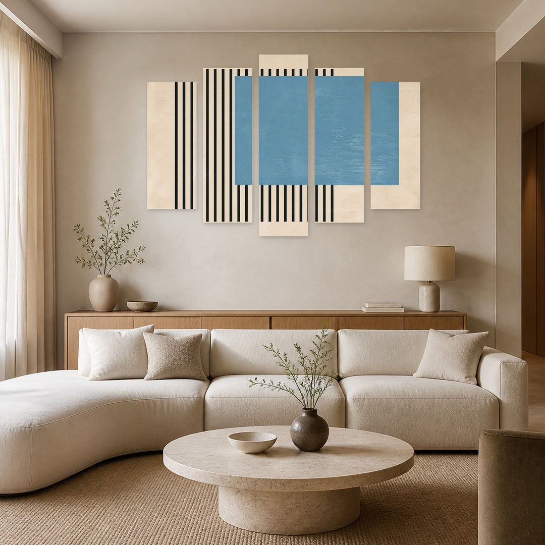 Minimalist Abstract Design with Geometric Rhythm — five-panel wall art in frontal interior | 5wallart 54507 M3