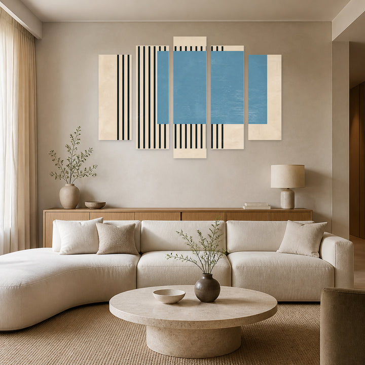 Minimalist Abstract Design with Geometric Rhythm — five-panel wall art in frontal interior | 5wallart 54507 M3