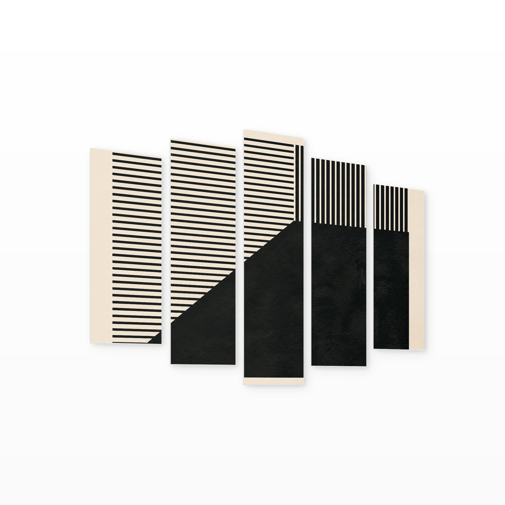 Abstract Geometric Composition with Dramatic Contrast — five-panel wall art on white background in perspective | 5wallart 54508 M1