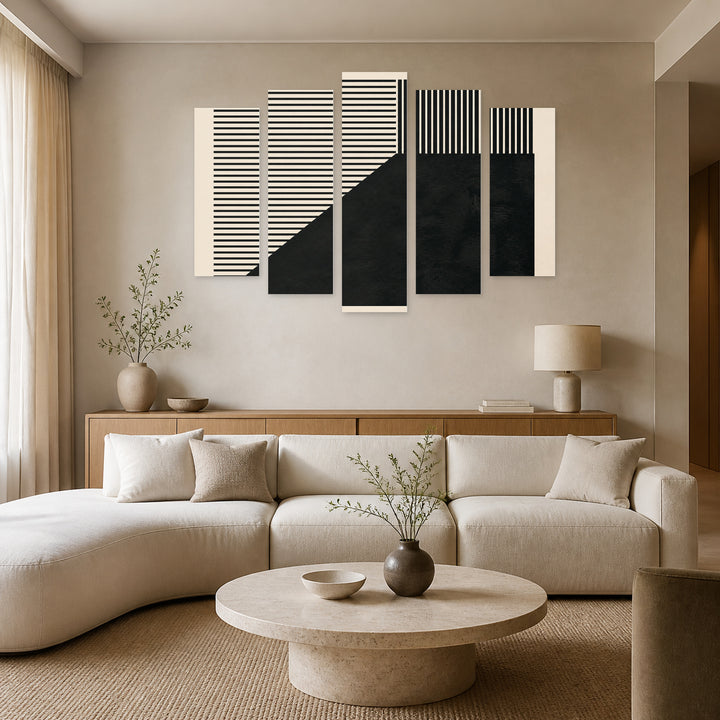 Abstract Geometric Composition with Dramatic Contrast — five-panel wall art in alternate frontal interior | 5wallart 54508 M4