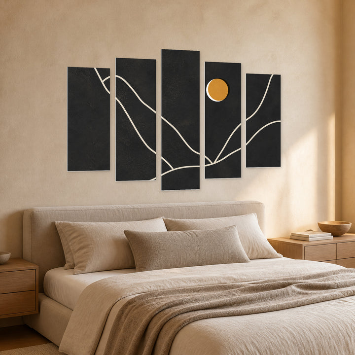Abstract Contemporary Collage in Vivid Color — five-panel wall art in perspective interior | 5wallart 54509 M2