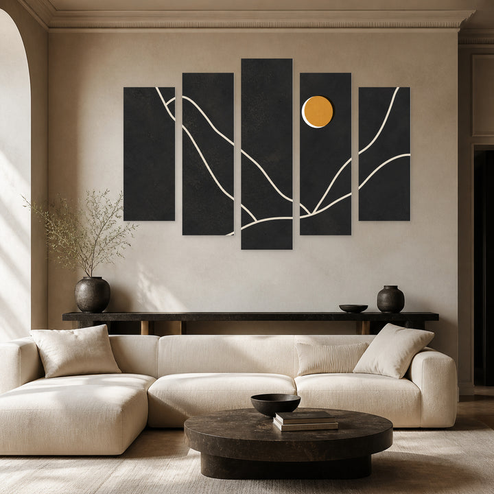 Abstract Contemporary Collage in Vivid Color — five-panel wall art in frontal interior | 5wallart 54509 M3