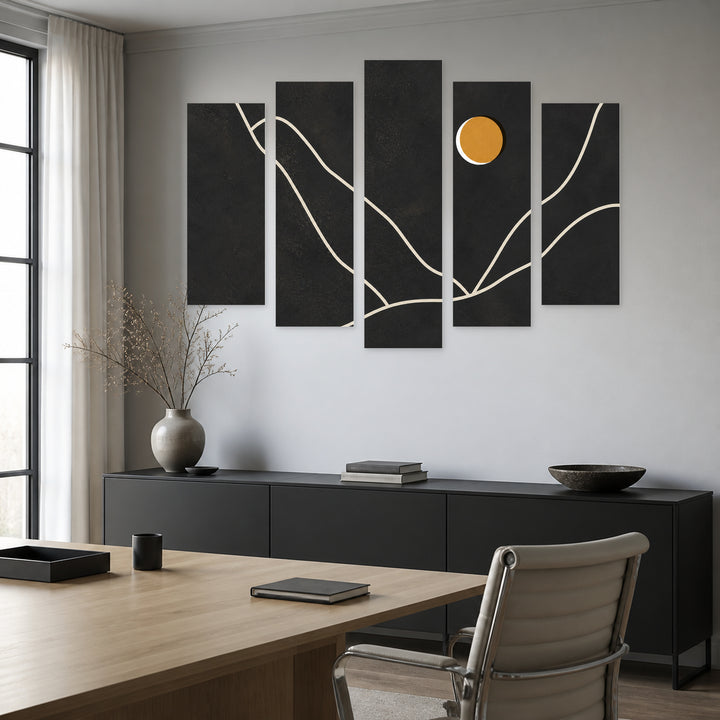 Abstract Contemporary Collage in Vivid Color — five-panel wall art in alternate frontal interior | 5wallart 54509 M4