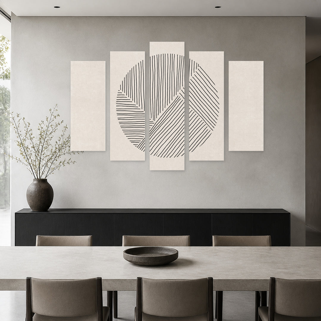 Minimalist Composition with Geometric Rhythm — five-panel wall art in frontal interior | 5wallart 54510 M3