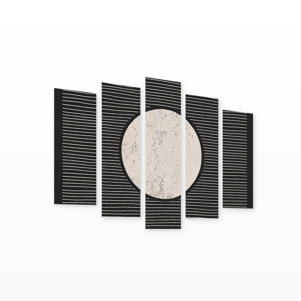 Abstract Moon with Geometric Rhythm — five-panel wall art on white background in perspective | 5wallart 54511 M1