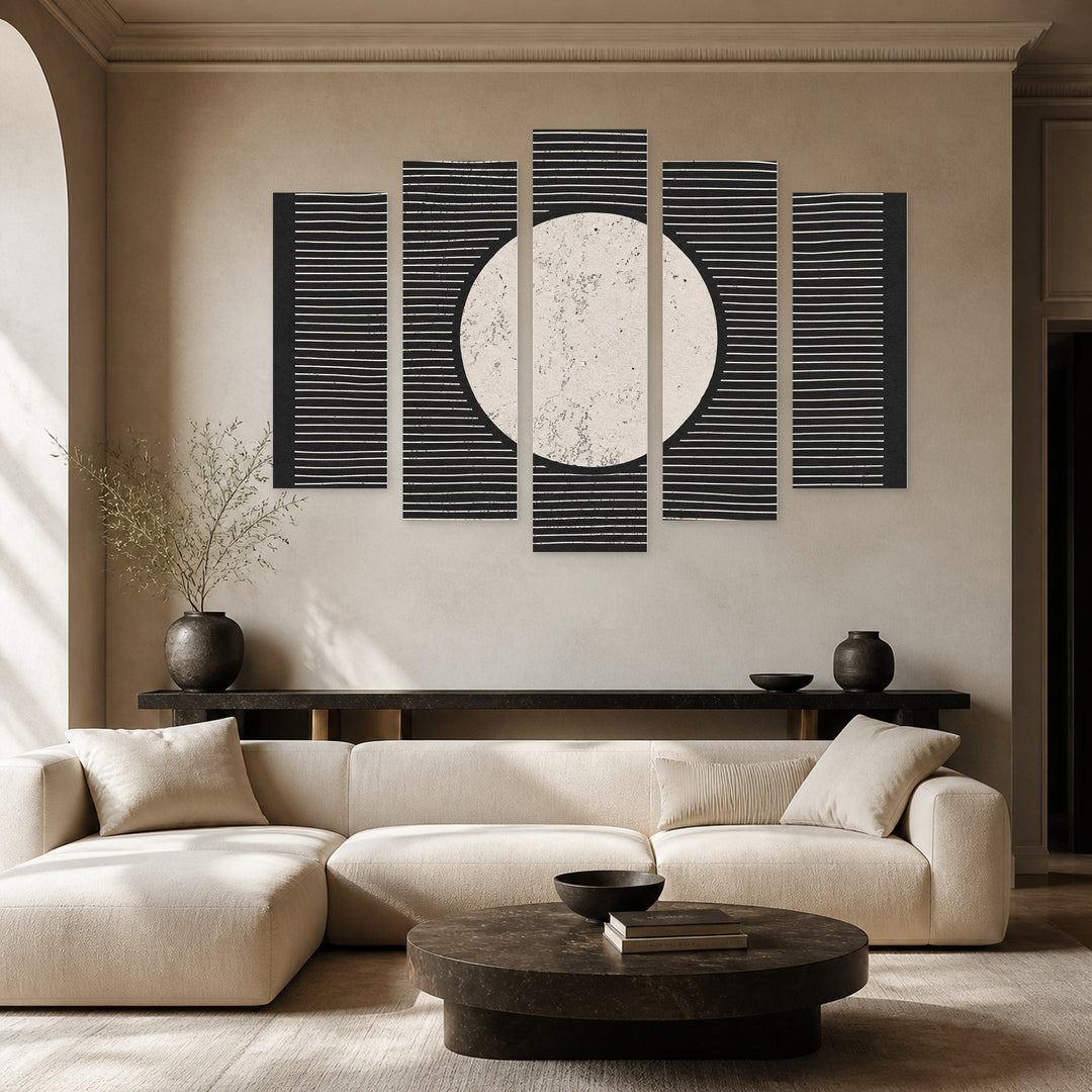 Abstract Moon with Geometric Rhythm — five-panel wall art in frontal interior | 5wallart 54511 M3