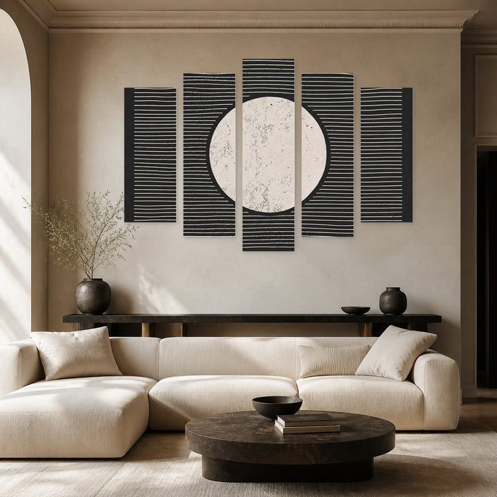 Abstract Moon with Geometric Rhythm — five-panel wall art in frontal interior | 5wallart 54511 M3