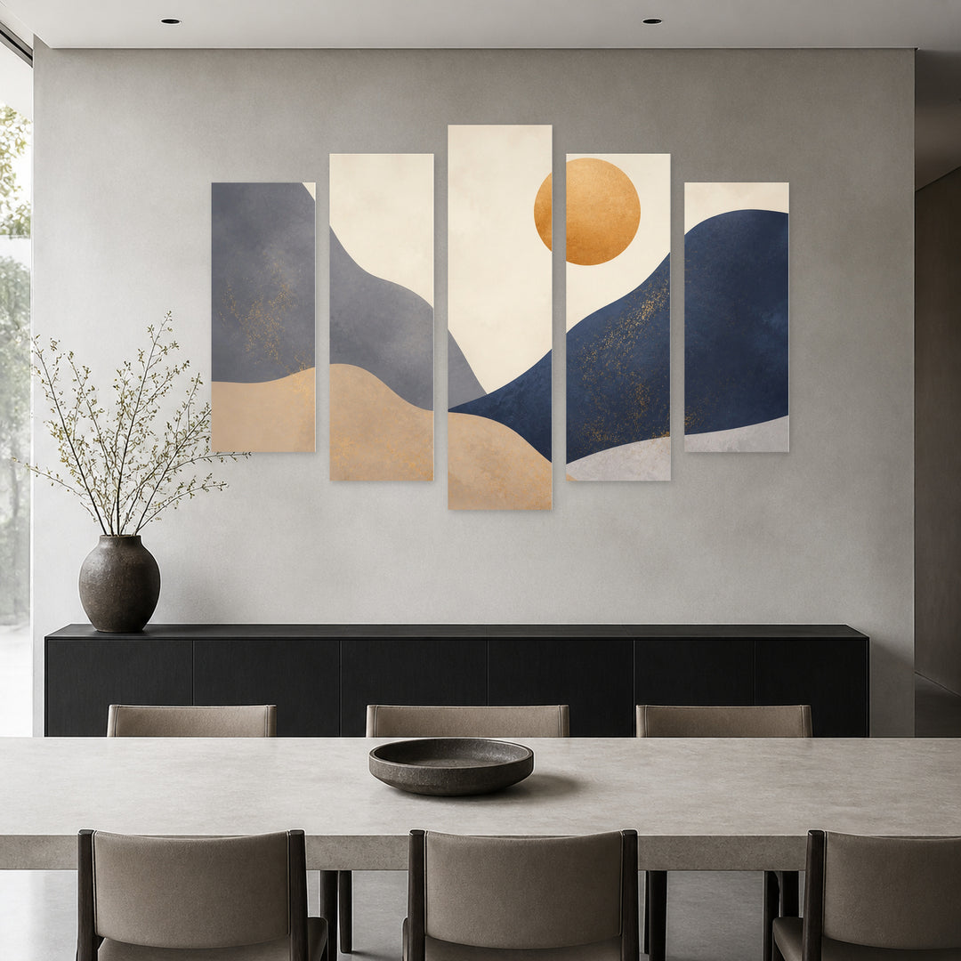 Contemporary Abstract Landscape in Blue and Gold — five-panel wall art in frontal interior | 5wallart 54512 M3