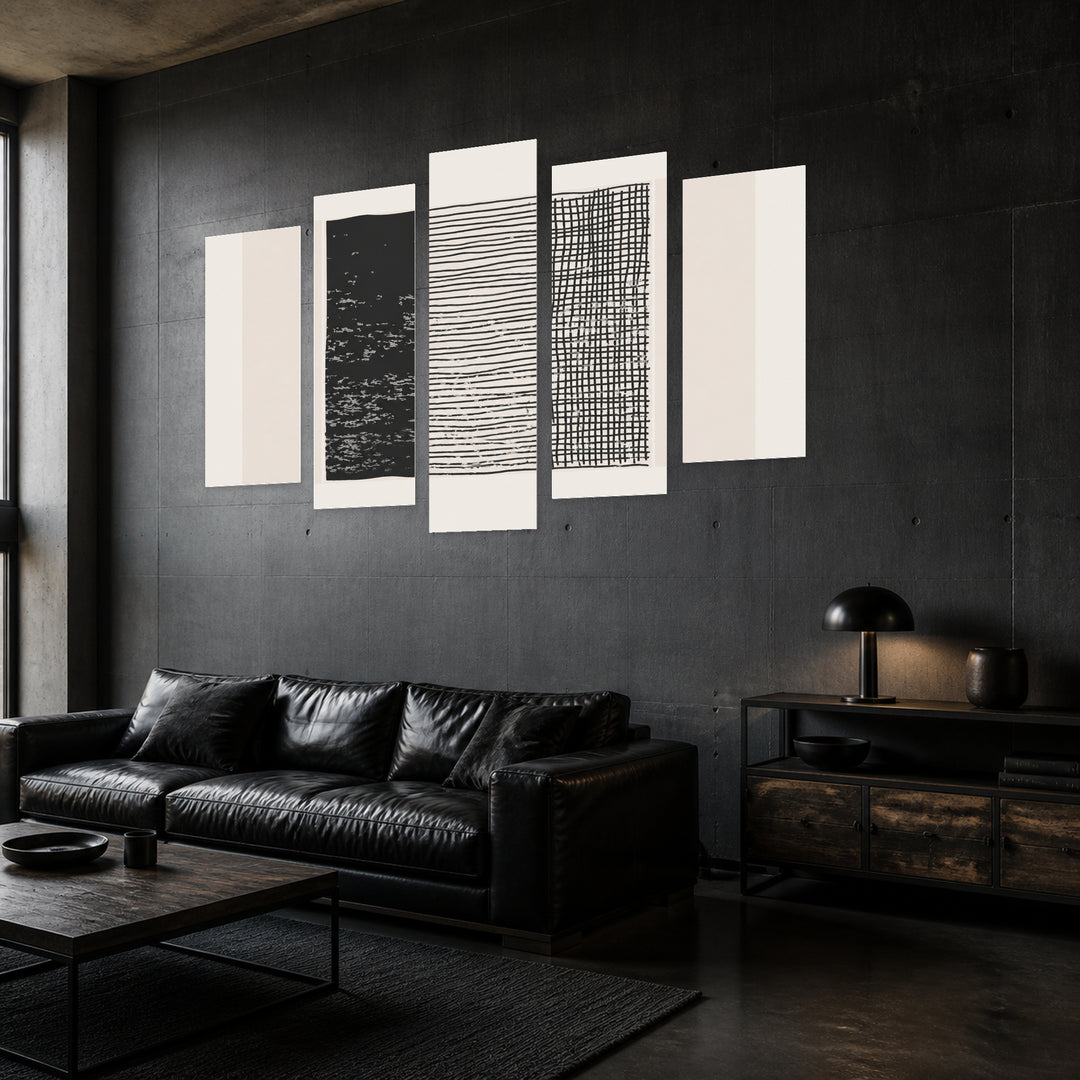 Abstract Aesthetic Composition with Geometric Rhythm — five-panel wall art in perspective interior | 5wallart 54514 M2