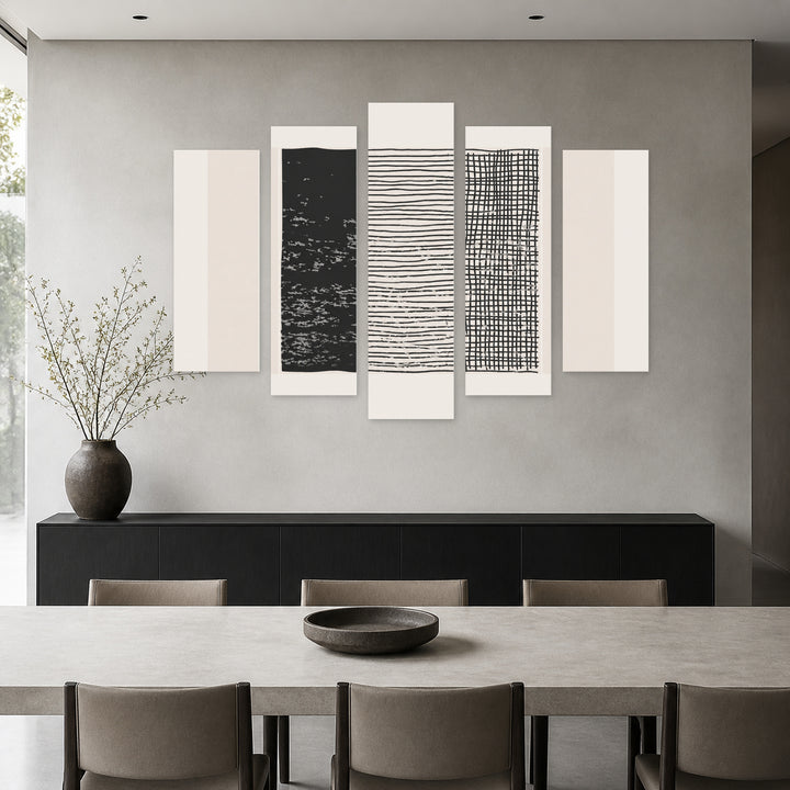 Abstract Aesthetic Composition with Geometric Rhythm — five-panel wall art in frontal interior | 5wallart 54514 M3