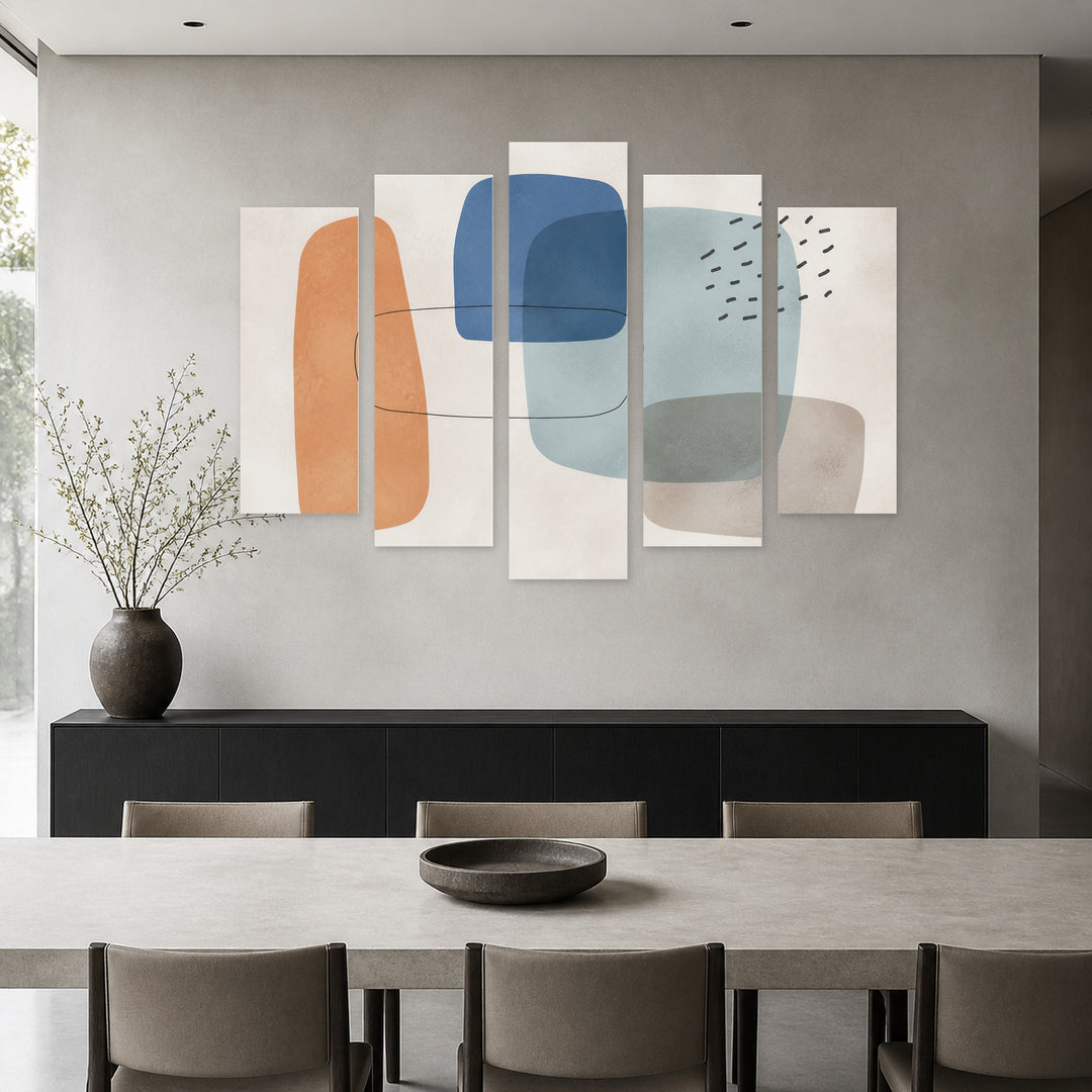 Minimalist Design with Abstract Shapes with Geometric Rhythm — five-panel wall art in frontal interior | 5wallart 54516 M3