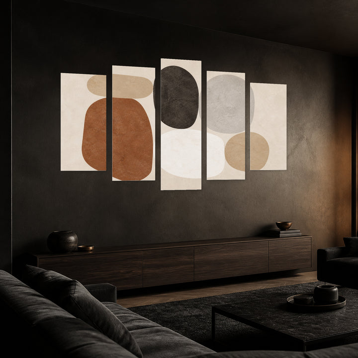 Abstract Composition of Organic Shapes with Geometric Rhythm — five-panel wall art in perspective interior | 5wallart 54517 M2