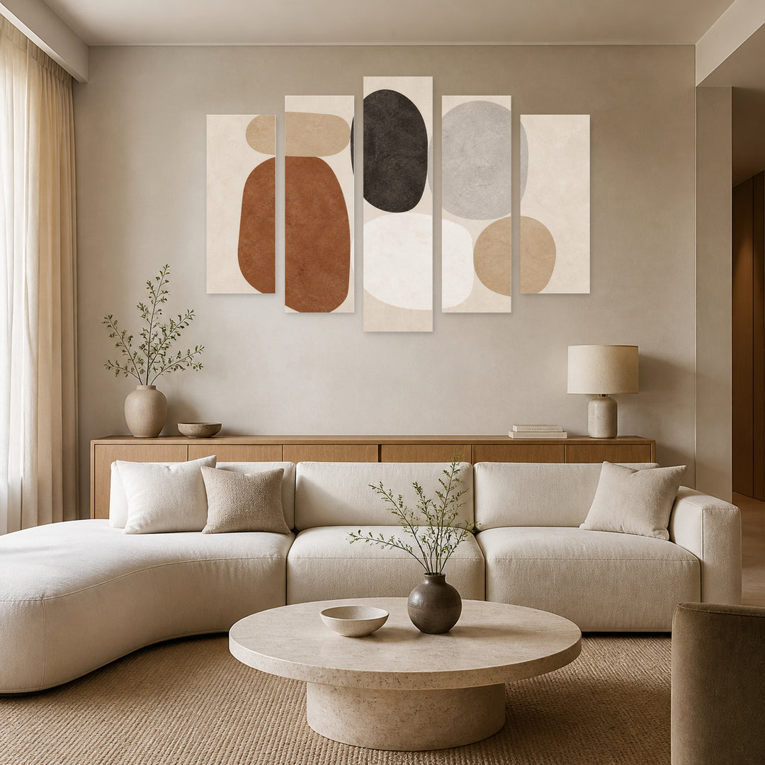 Abstract Composition of Organic Shapes with Geometric Rhythm — five-panel wall art in frontal interior | 5wallart 54517 M3