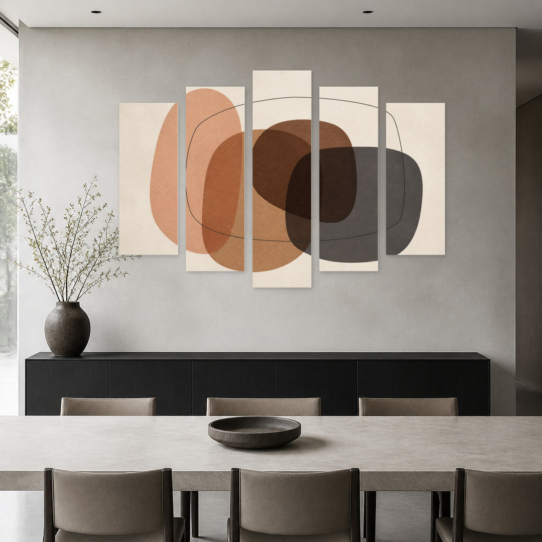 Abstract Organic Shapes with Geometric Rhythm — five-panel wall art in frontal interior | 5wallart 54518 M3
