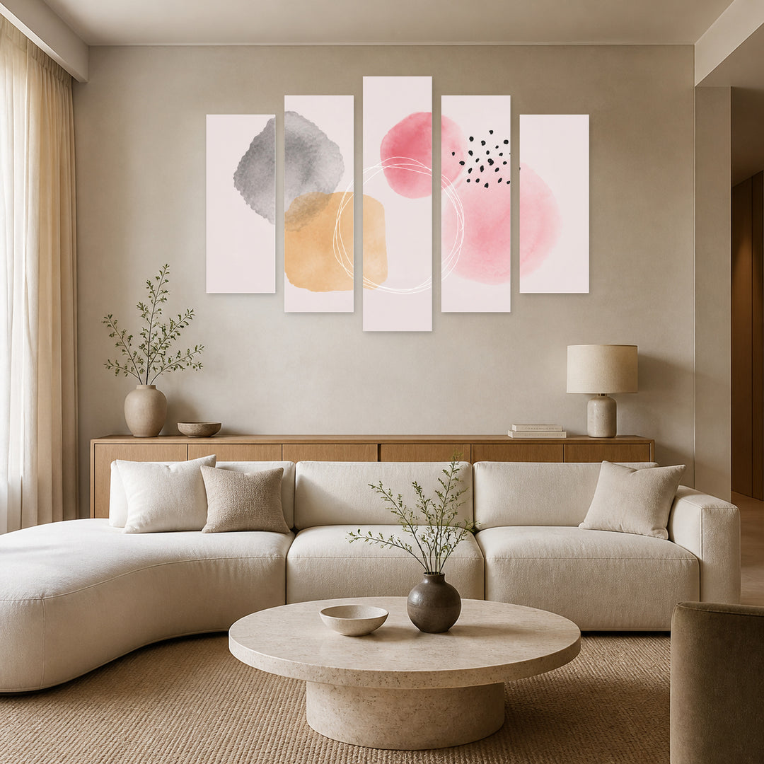Abstract Shapes with Geometric Rhythm — five-panel wall art in frontal interior | 5wallart 54519 M3