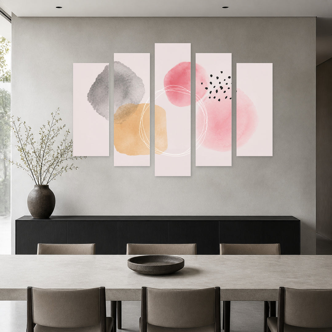 Abstract Shapes with Geometric Rhythm — five-panel wall art in alternate frontal interior | 5wallart 54519 M4
