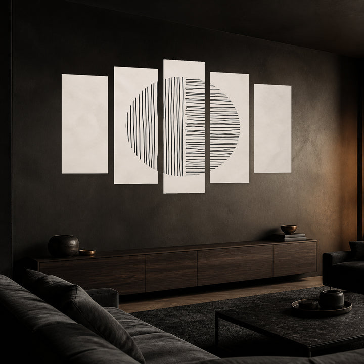 Abstract Lines in Serene Light II — five-panel wall art in perspective interior | 5wallart 54521 M2