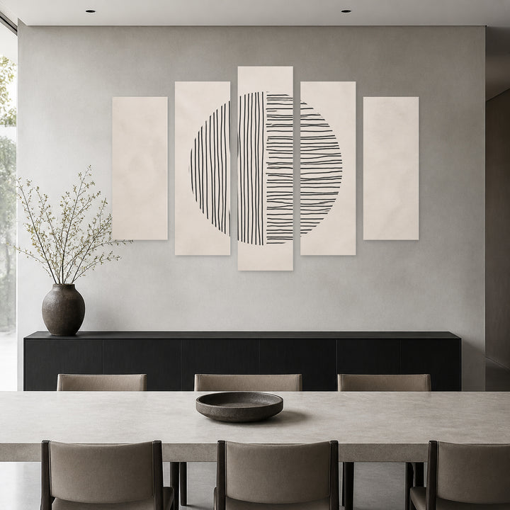 Abstract Lines in Serene Light II — five-panel wall art in alternate frontal interior | 5wallart 54521 M4