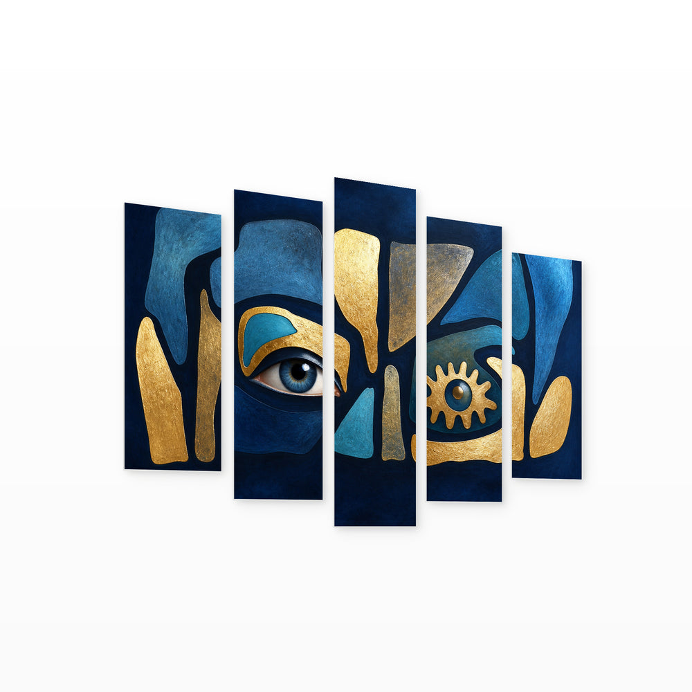 Surreal Face in Blue and Gold — five-panel wall art on white background in perspective | 5wallart 54522 M1