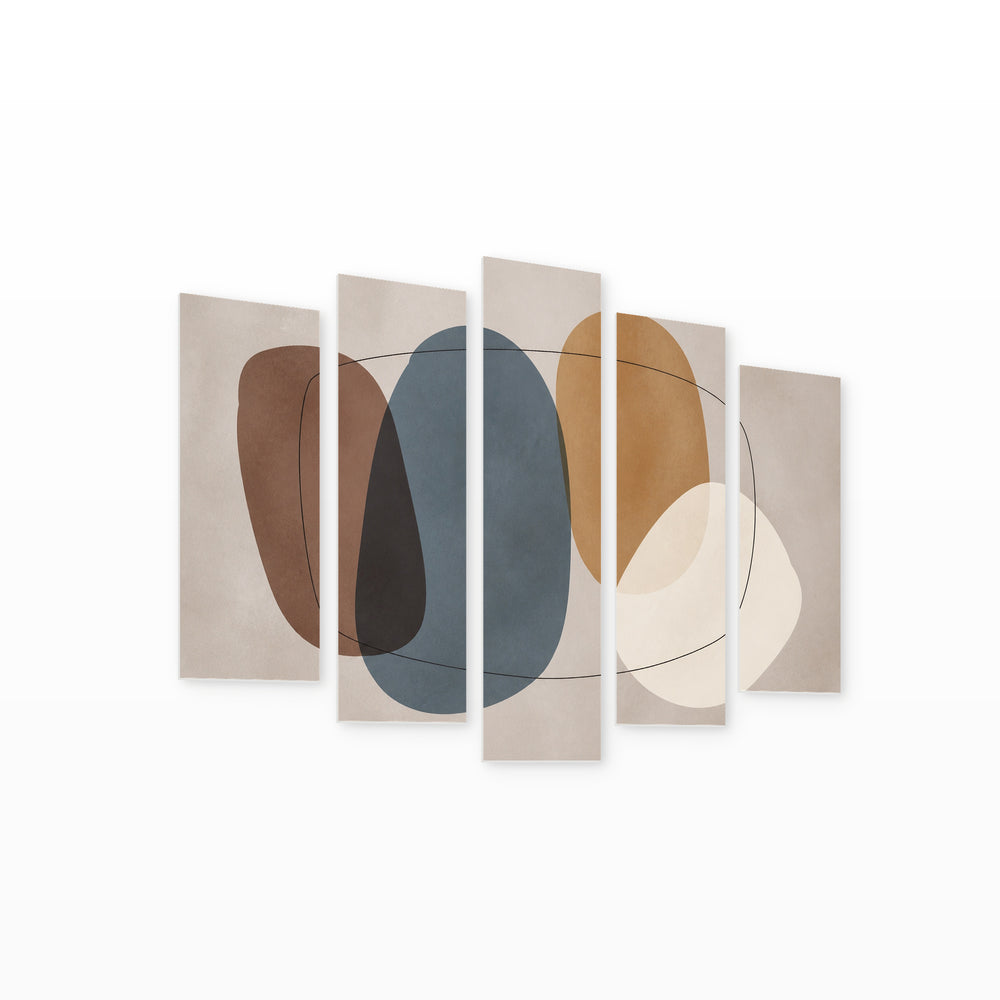 Composition with Abstract Organic Shapes with Geometric Rhythm — five-panel wall art on white background in perspective | 5wallart 54523 M1