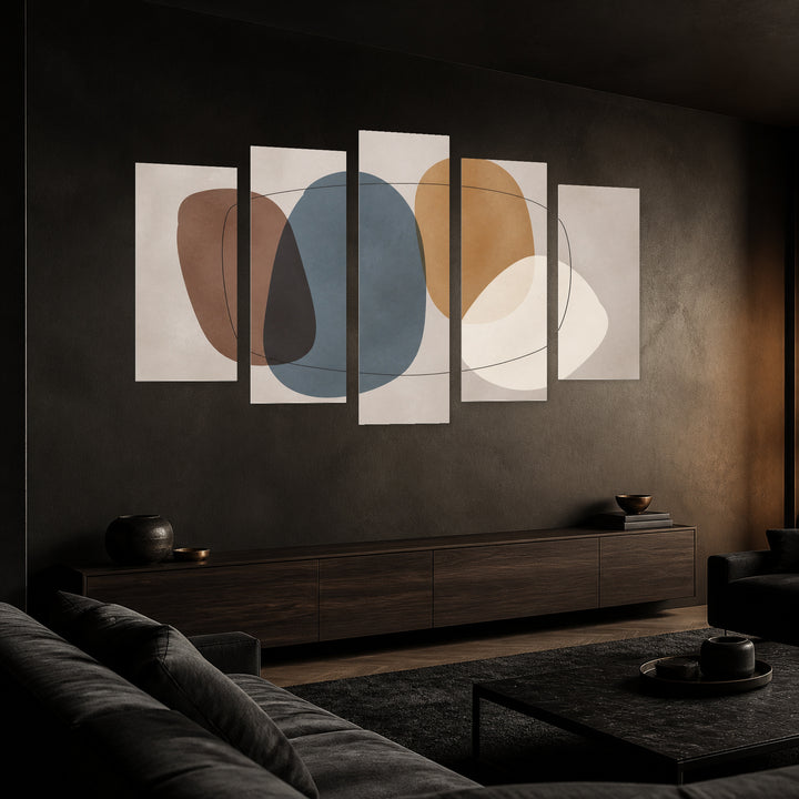 Composition with Abstract Organic Shapes with Geometric Rhythm — five-panel wall art in perspective interior | 5wallart 54523 M2