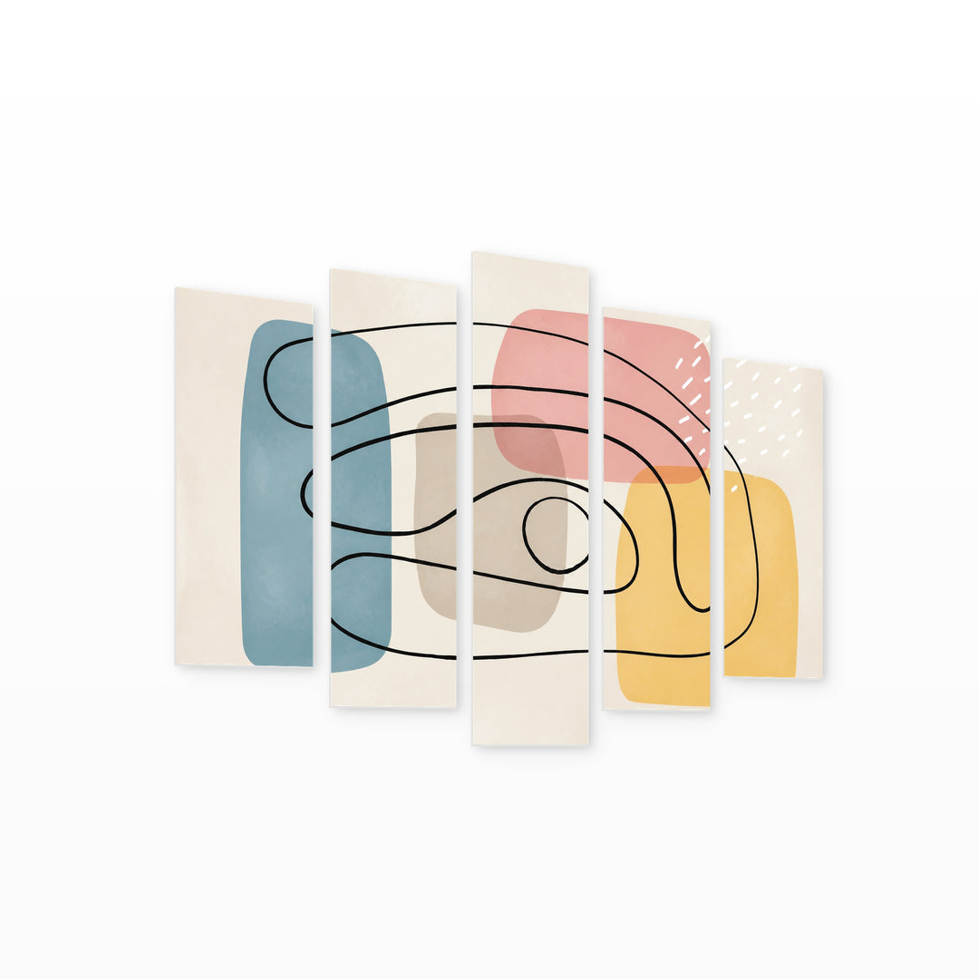 Abstract Pastel Shapes with Geometric Rhythm — five-panel wall art on white background in perspective | 5wallart 54524 M1