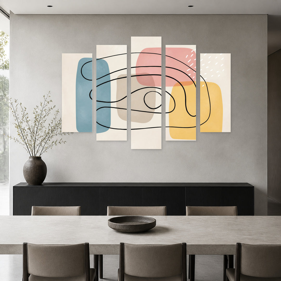 Abstract Pastel Shapes with Geometric Rhythm — five-panel wall art in frontal interior | 5wallart 54524 M3
