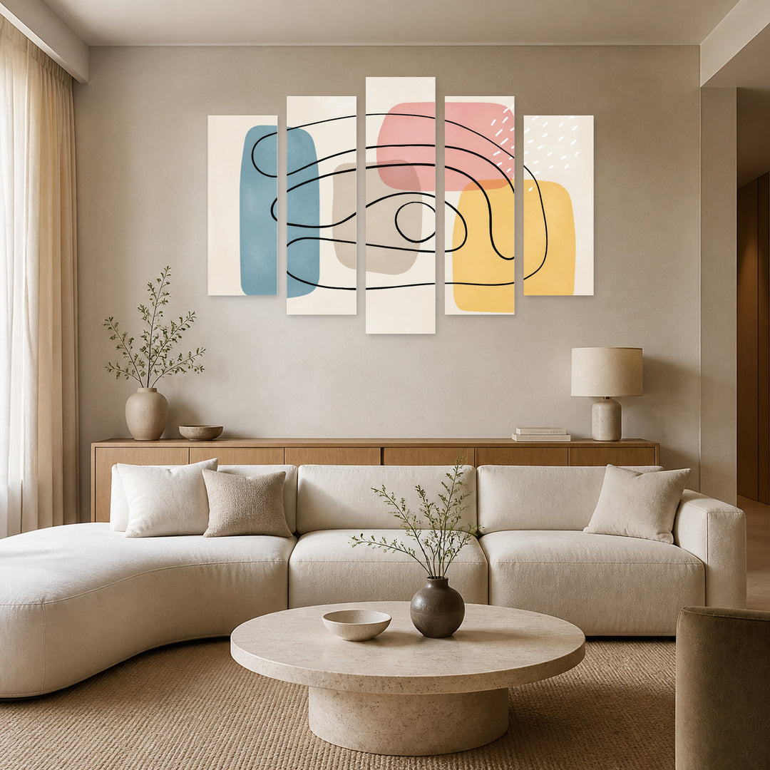 Abstract Pastel Shapes with Geometric Rhythm — five-panel wall art in alternate frontal interior | 5wallart 54524 M4