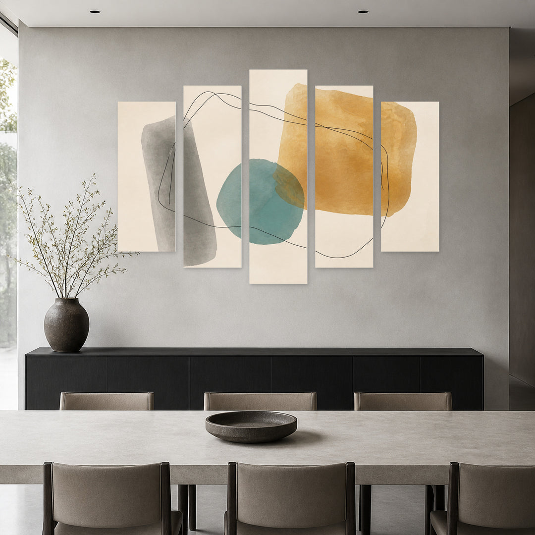 Abstract Minimalism with Geometric Rhythm — five-panel wall art in frontal interior | 5wallart 54526 M3