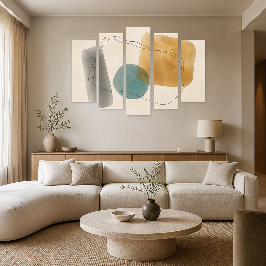Abstract Minimalism with Geometric Rhythm — five-panel wall art in alternate frontal interior | 5wallart 54526 M4