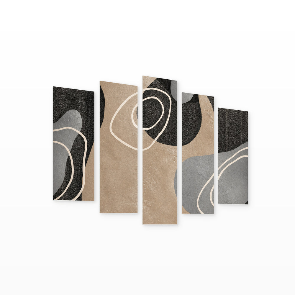 Abstract Rounded Shapes with Geometric Rhythm — five-panel wall art on white background in perspective | 5wallart 54527 M1
