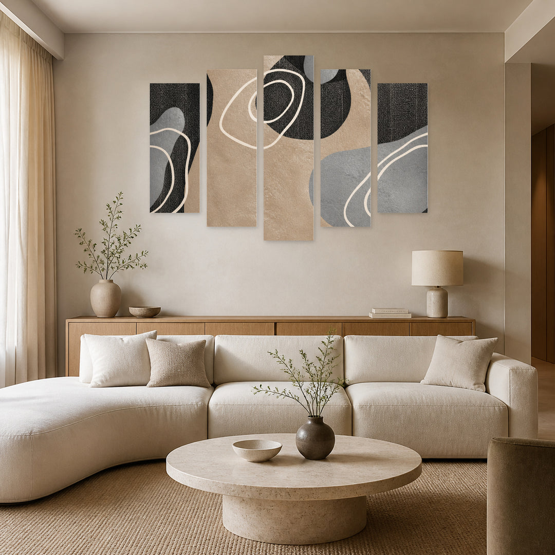 Abstract Rounded Shapes with Geometric Rhythm — five-panel wall art in frontal interior | 5wallart 54527 M3