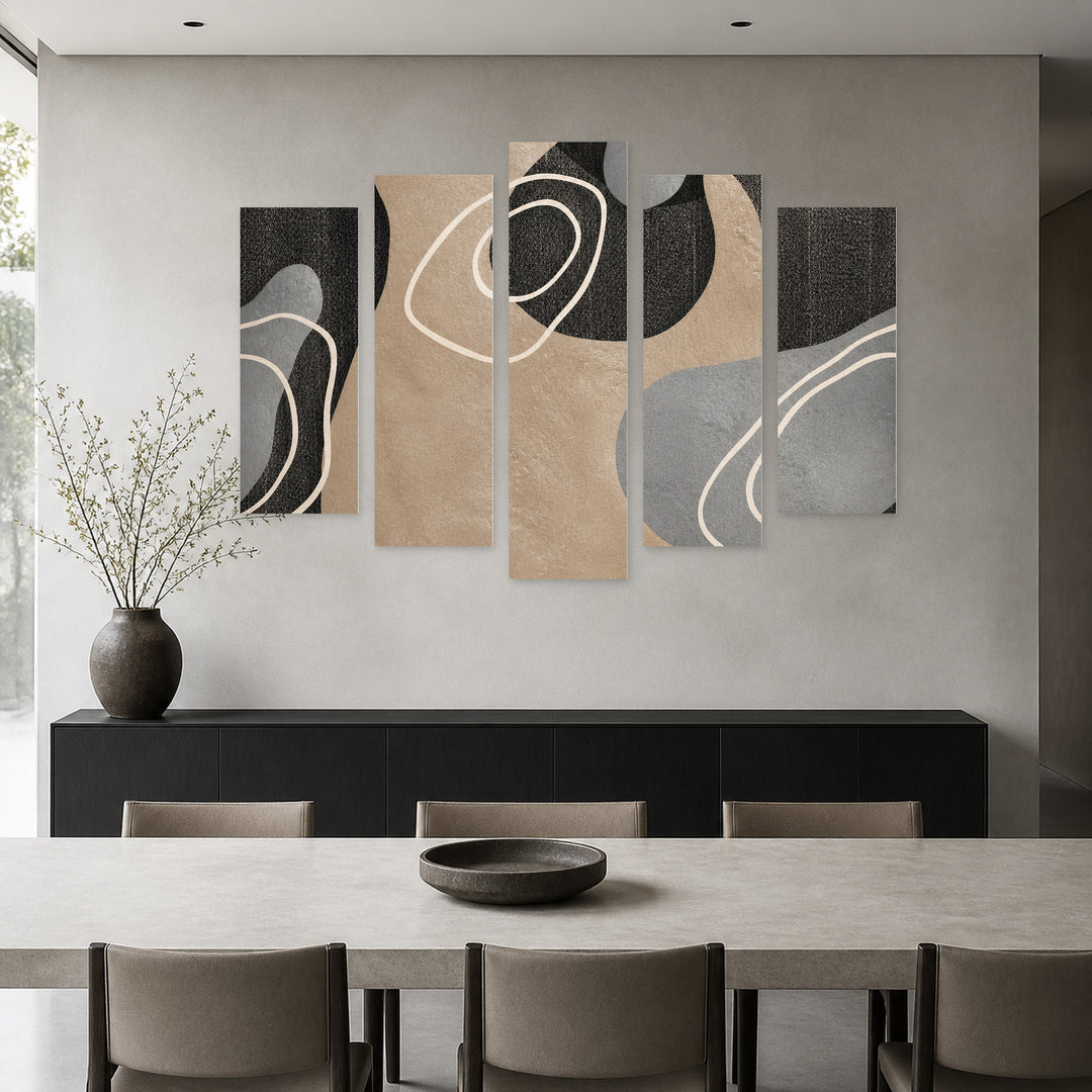 Abstract Rounded Shapes with Geometric Rhythm — five-panel wall art in alternate frontal interior | 5wallart 54527 M4