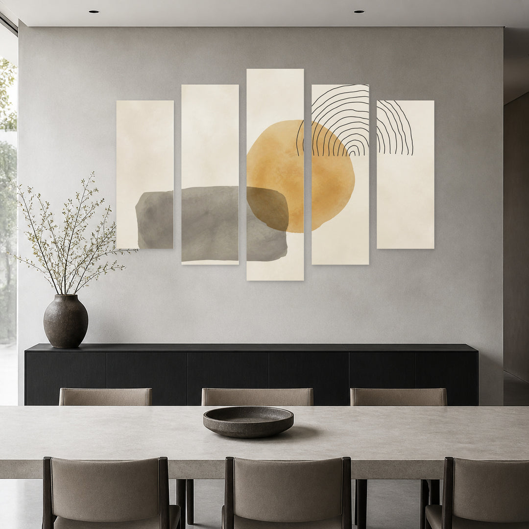 Abstract Sun Design Modern Composition — five-panel wall art in frontal interior | 5wallart 54528 M3