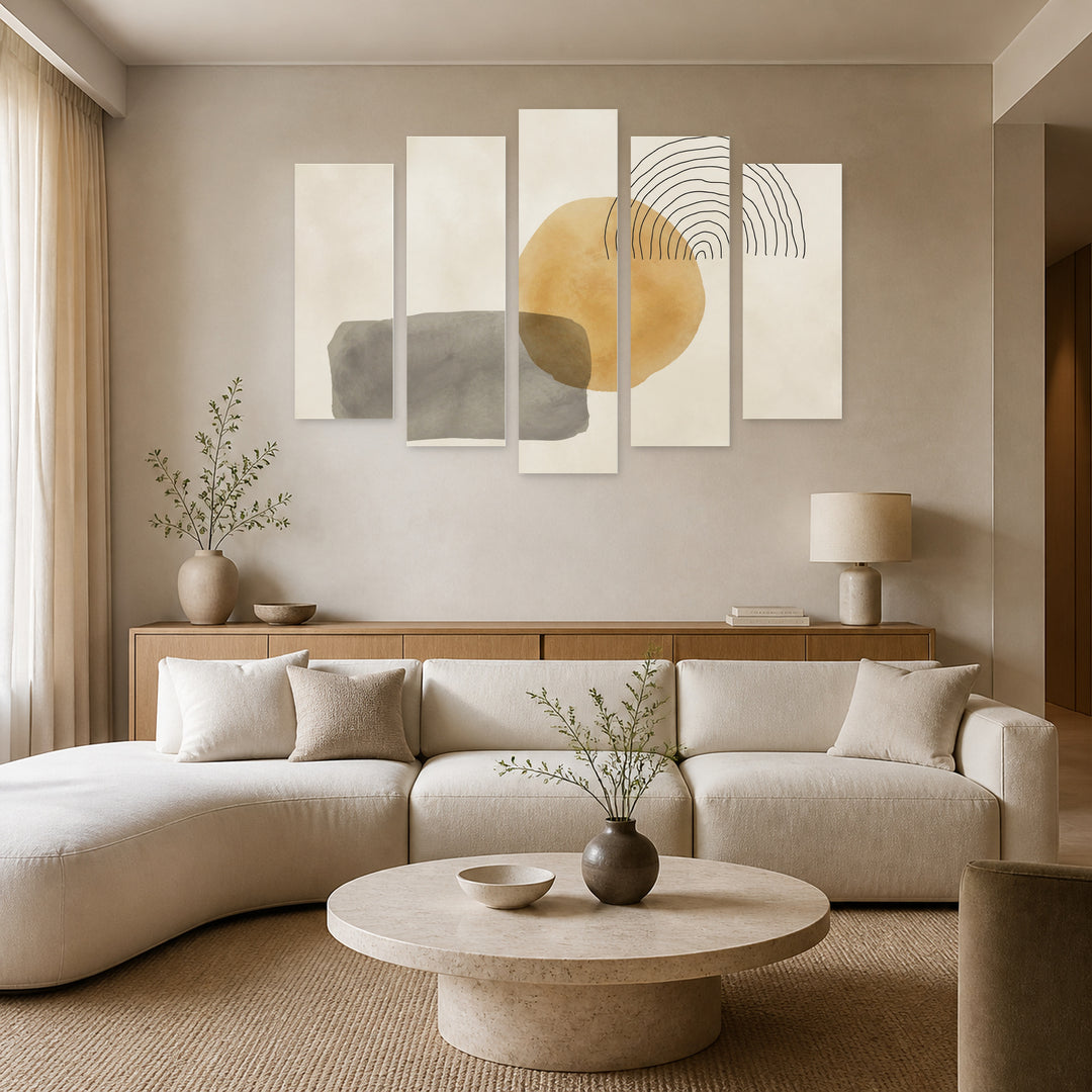 Abstract Sun Design Modern Composition — five-panel wall art in alternate frontal interior | 5wallart 54528 M4