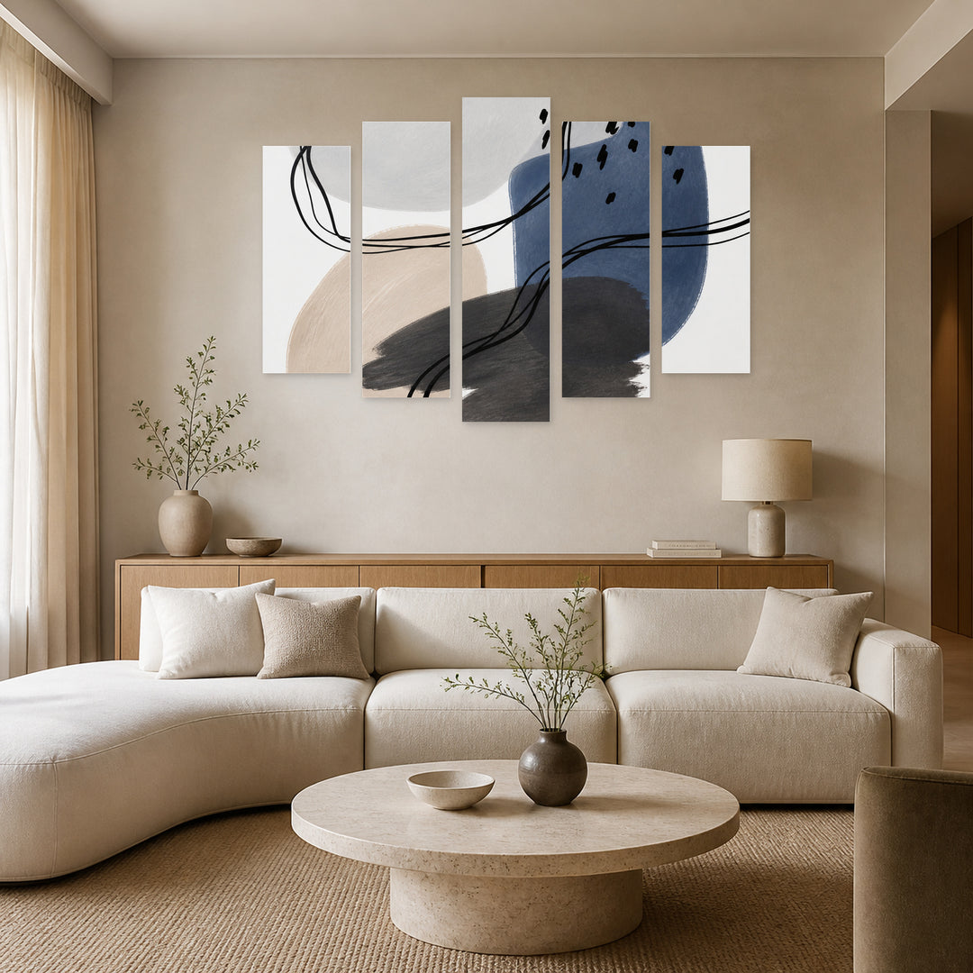 Pastel and Geometric Shapes in Serene Light — five-panel wall art in frontal interior | 5wallart 54529 M3