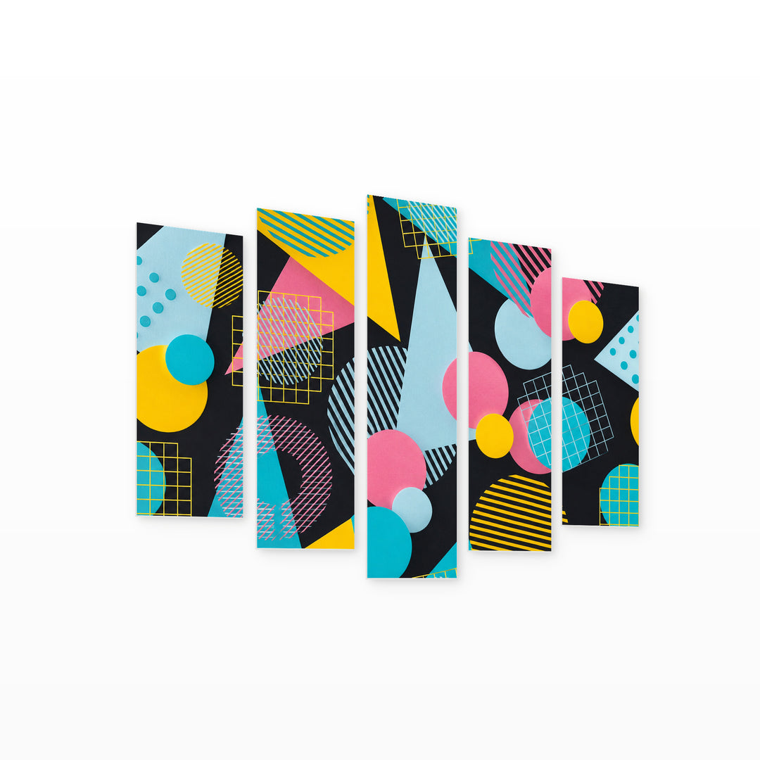 Geometric Elements with Dramatic Contrast — five-panel wall art on white background in perspective | 5wallart 54532 M1