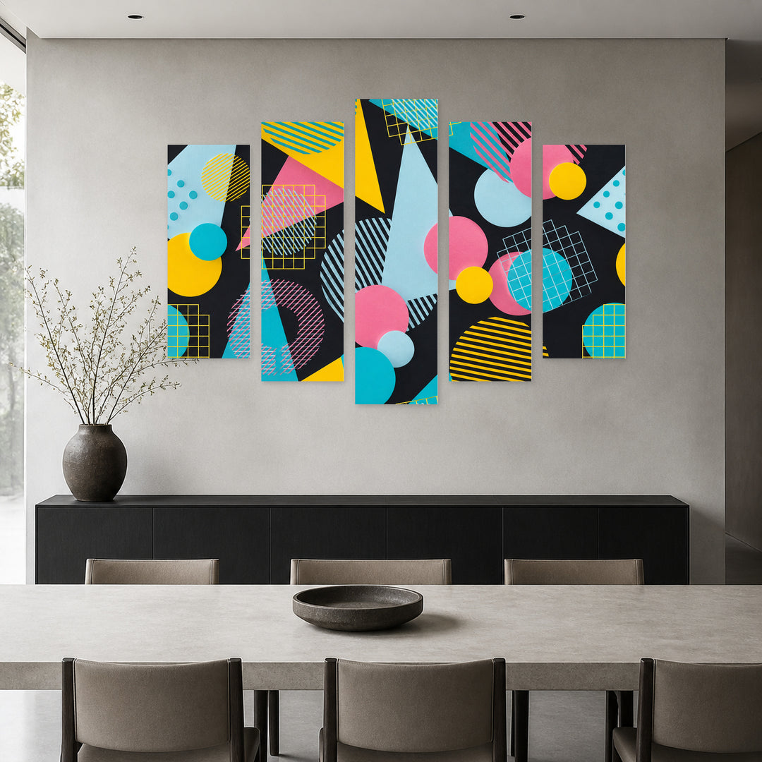 Geometric Elements with Dramatic Contrast — five-panel wall art in frontal interior | 5wallart 54532 M3