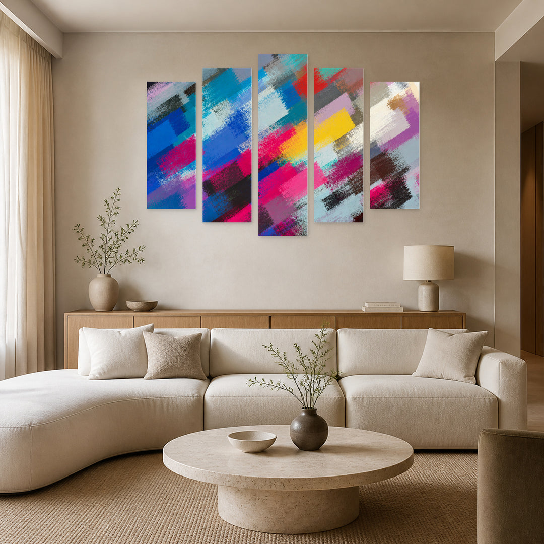 Abstract Strokes with Dramatic Contrast — five-panel wall art in frontal interior | 5wallart 54533 M3
