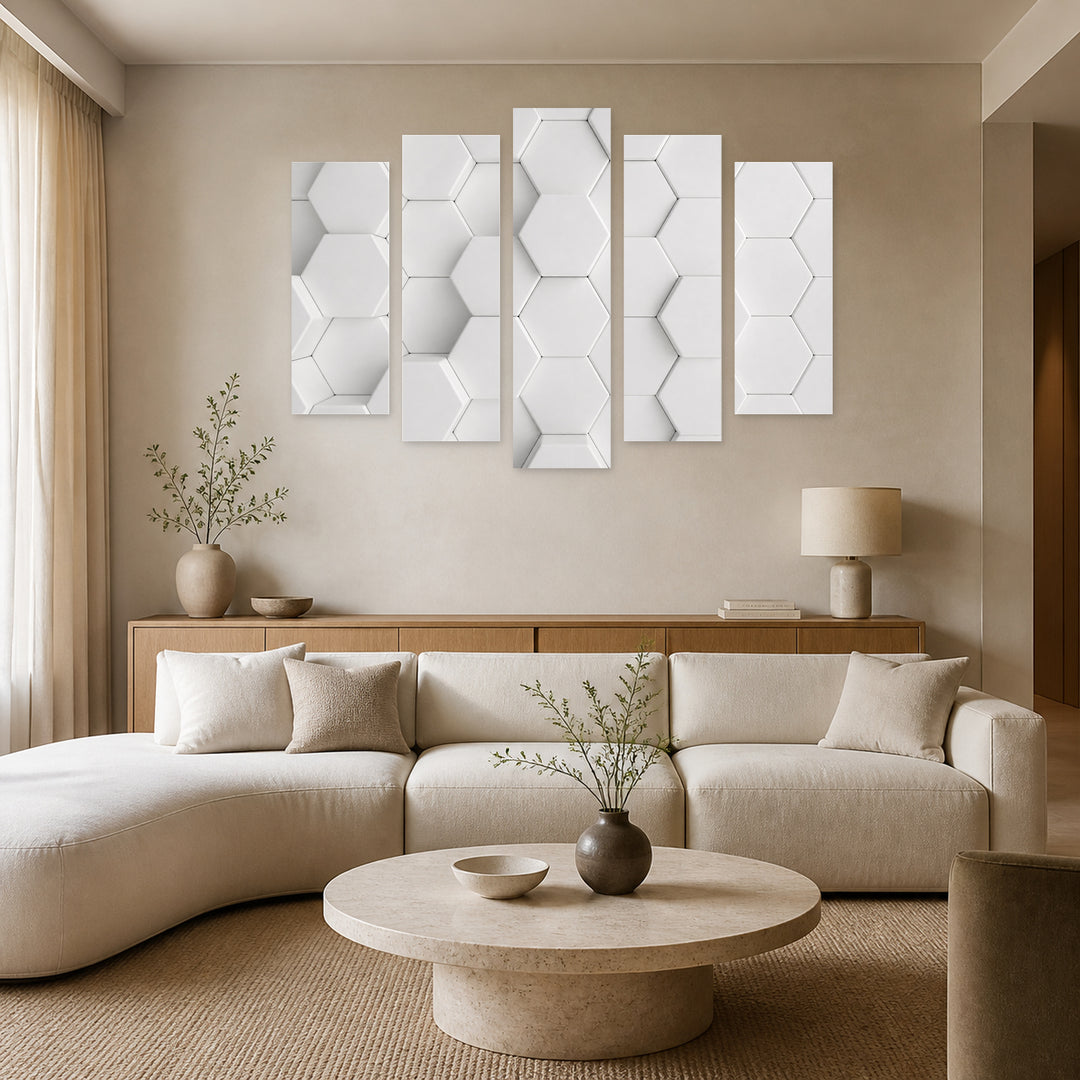Geometric Background in Serene Light — five-panel wall art in alternate frontal interior | 5wallart 54534 M4