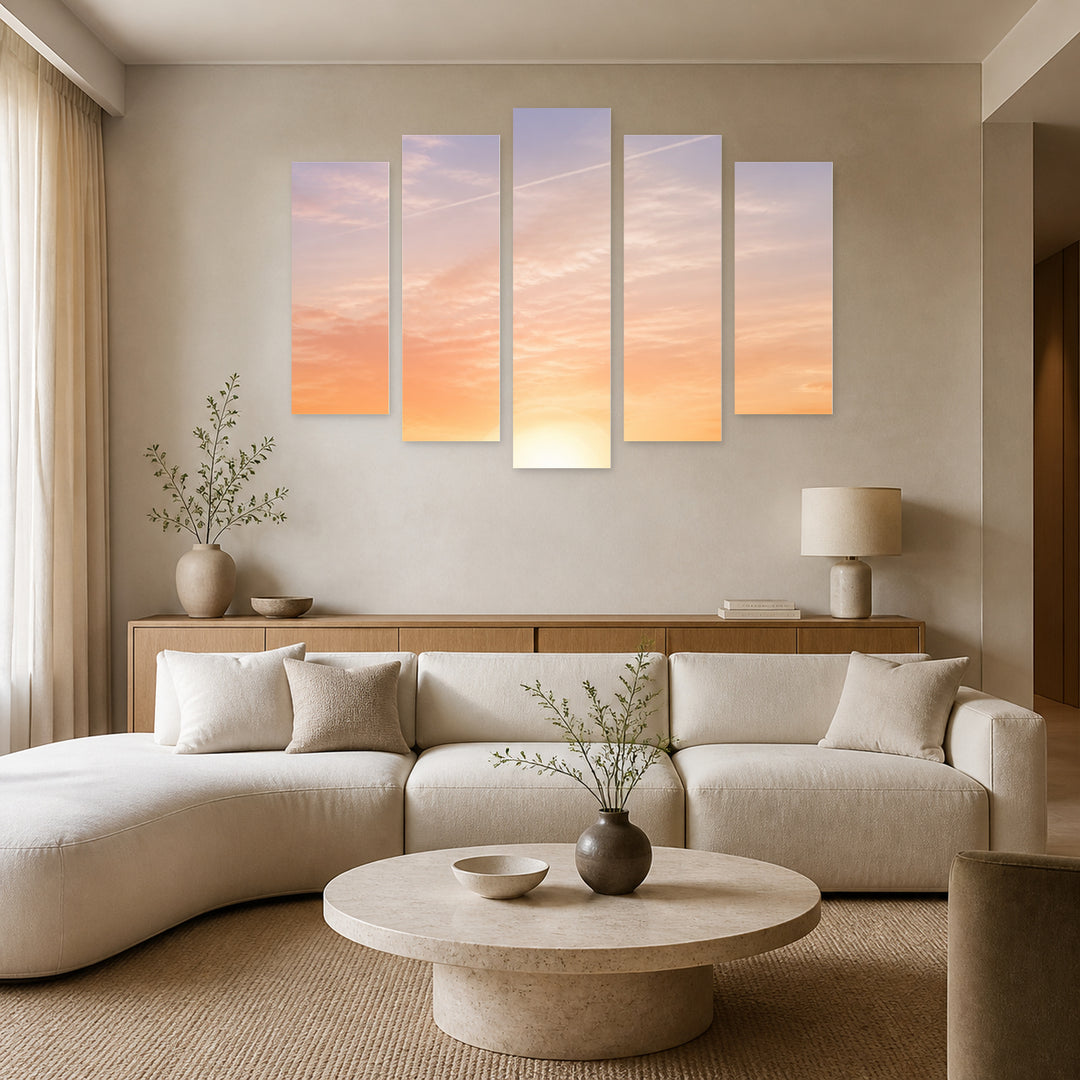 Elephants Crossing the Desert in Serene Light — five-panel wall art in frontal interior | 5wallart 54535 M3